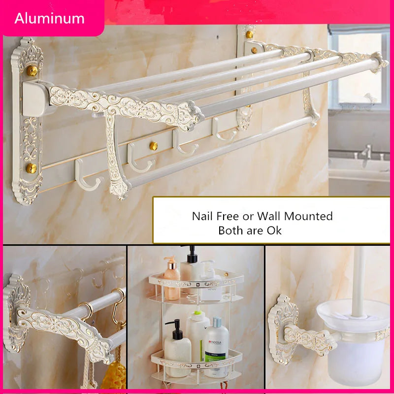 DecorBites™ Aluminum Bath Hardware Set: Shelf, Towel Rack, Paper Holder, Brush Holder, Hooks