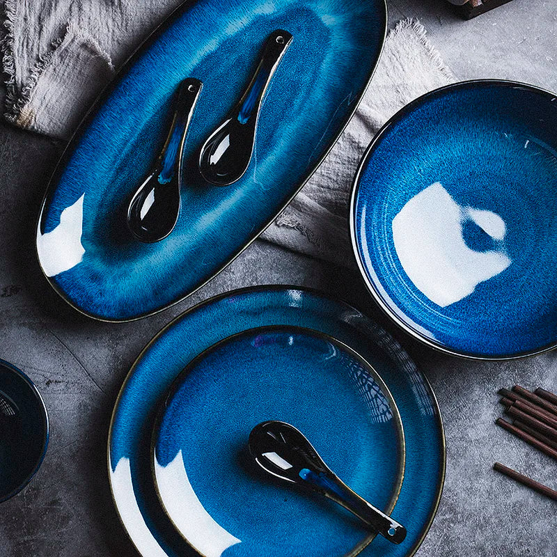 DecorBites™ Japanese Blue Ceramic Tableware Set - Rice Bowl, Plate, Spoon, Udon Ramen Bowl, Soup Dish