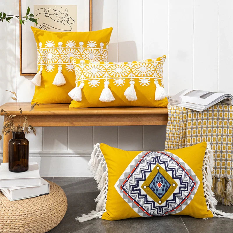 DecorBites™ Boho Gold Embroidered Cotton Pillow Cover, 45x45/30x50cm