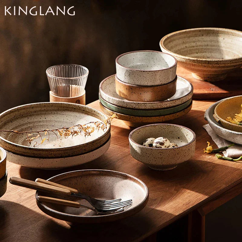 DecorBites™ Ceramic Round Plate Set - Retro Style High Footed Soup and Salad Bowls