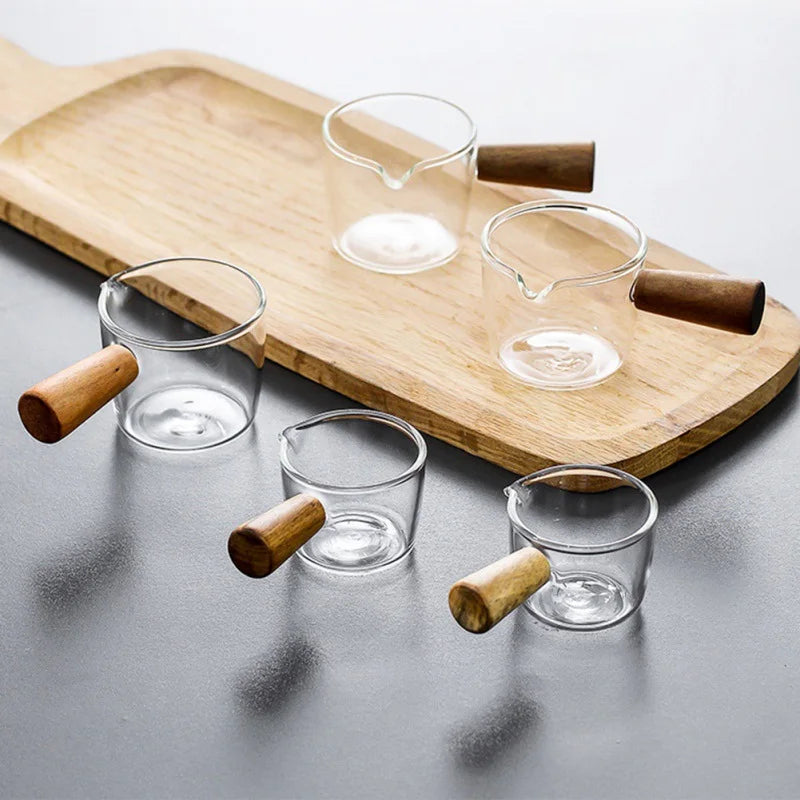 DecorBites™ Glass Espresso Measuring Cup with Wood Handle, Milk Jug for Coffee & Sauce