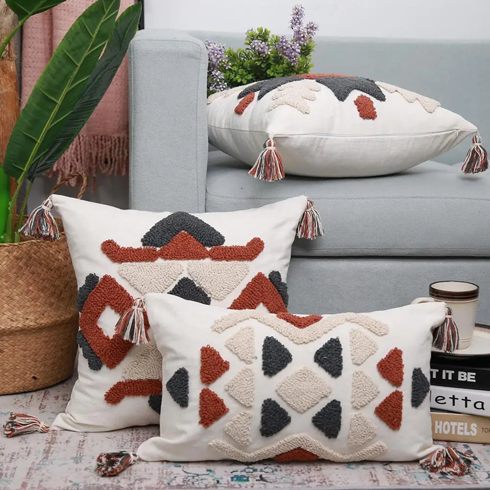 DecorBites™ Boho Style Embroidered Pillow Cover with Tassels for Living Room & Bedroom