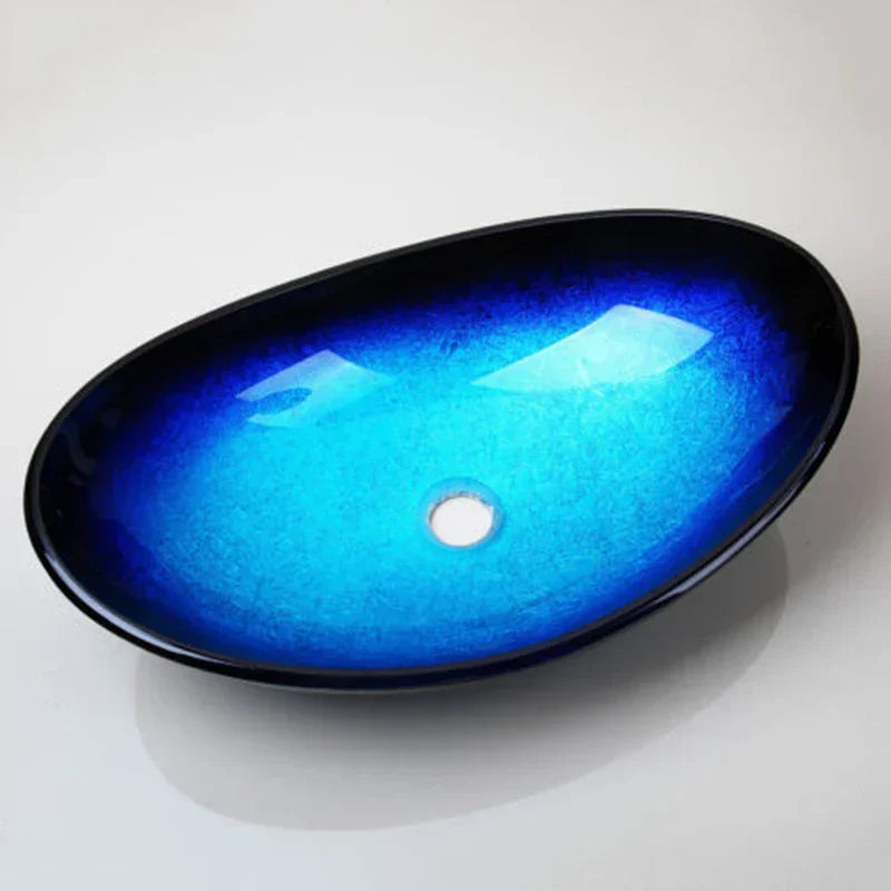 DecorBites™ Blue Tempered Glass Basin Sink Set with Faucet for Bathroom Counter Top