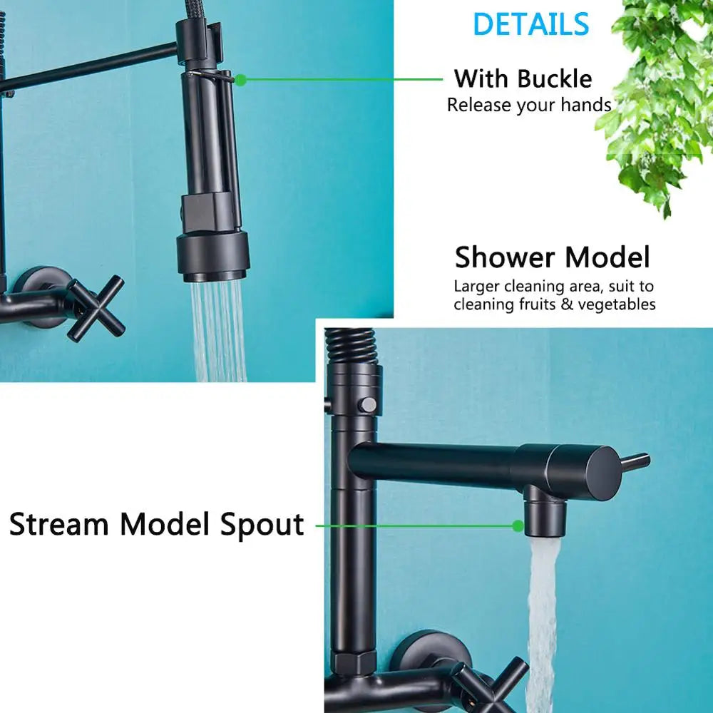 DecorBites™ Black Wall-Mounted Kitchen Faucet with Swivel Spout and Dual Handles