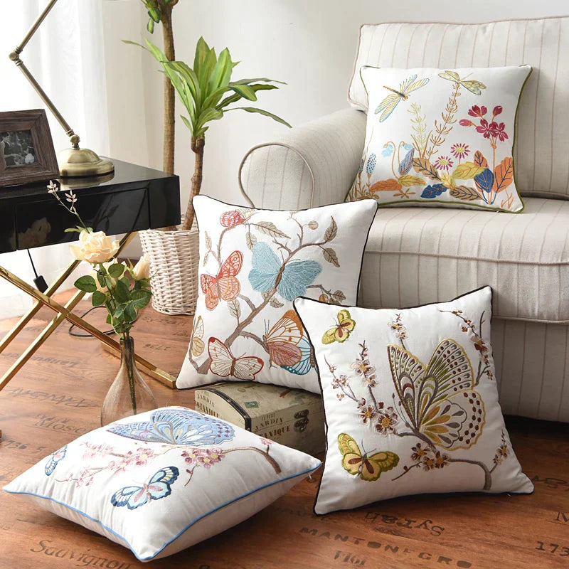 DecorBites™ Butterfly Floral Cotton Embroidered Pillow Cover 45x45cm Home Decor Square