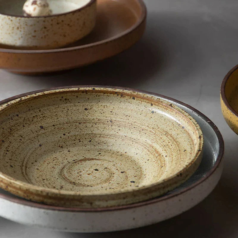 DecorBites™ Ceramic Round Plate Set - Retro Style High Footed Soup and Salad Bowls