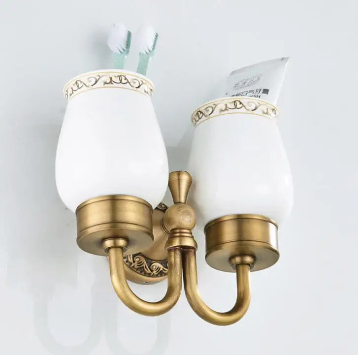 DecorBites™ Brass Double Cup Holder with Glass Tumbler - Bathroom Toothbrush Cup Holder