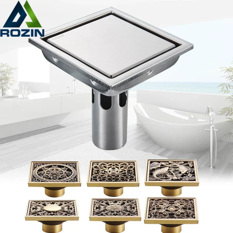 DecorBites™ Antique Brass Shower Floor Drain 10cm Square Waste Strainer Cover Grate