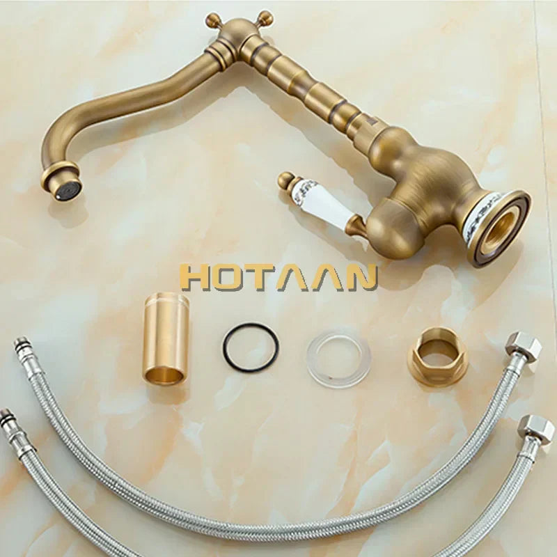 DecorBites™ Antique Brass Bathroom Sink Faucet, Single Handle Deck Mounted Basin Mixer