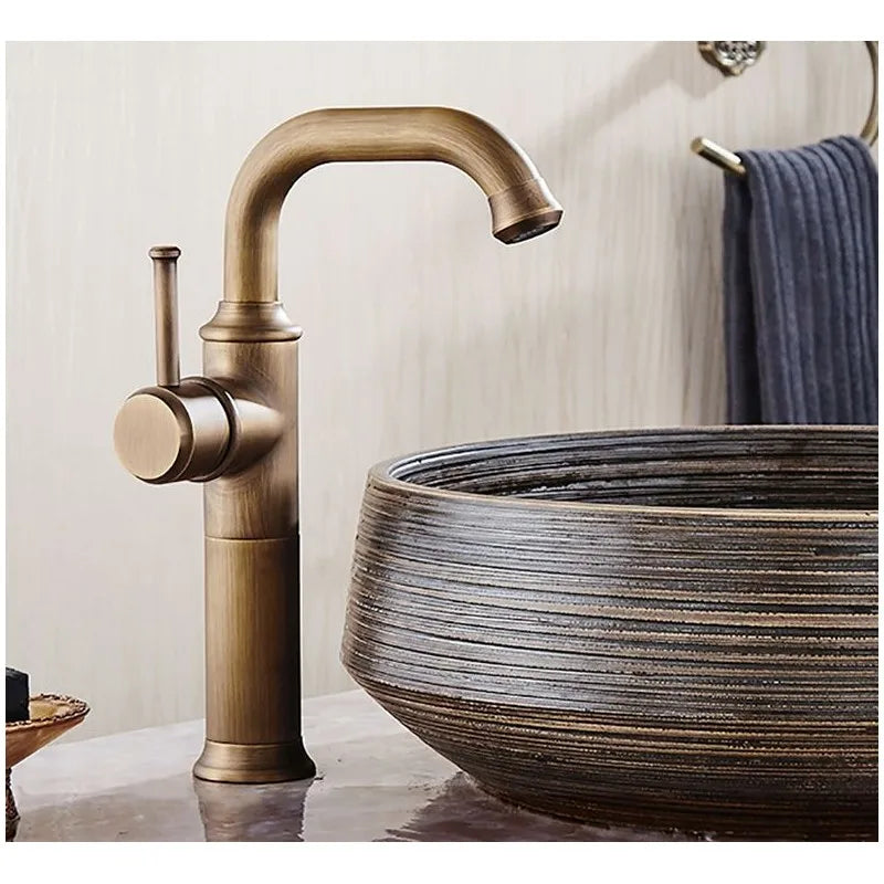DecorBites™ Antique Brass Bathroom Faucet Single Handle Deck Mount Hot Cold Mixer