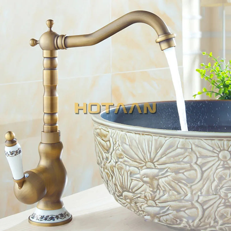 DecorBites™ Antique Brass Bathroom Sink Faucet, Single Handle Deck Mounted Basin Mixer