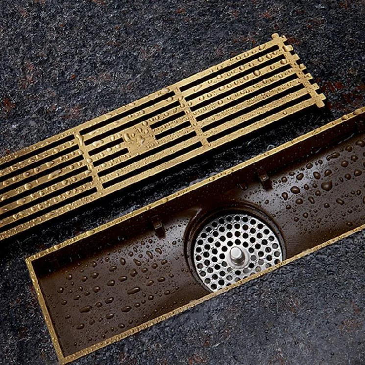 DecorBites™ Antique Brass Linear Shower Floor Drain with Art Carved Cover