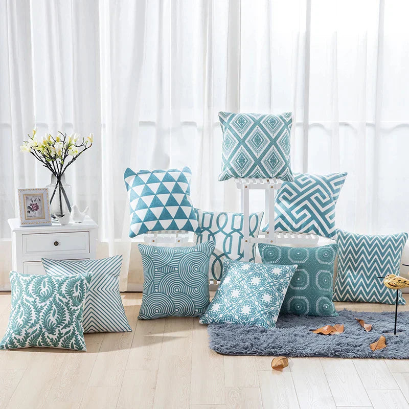 DecorBites™ Blue Geometric Embroidered Canvas Cotton Cushion Cover 45x45cm