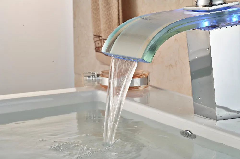 DecorBites™ LED Glass Waterfall Basin Faucet | Square Single Handle Bathroom Sink Mixer