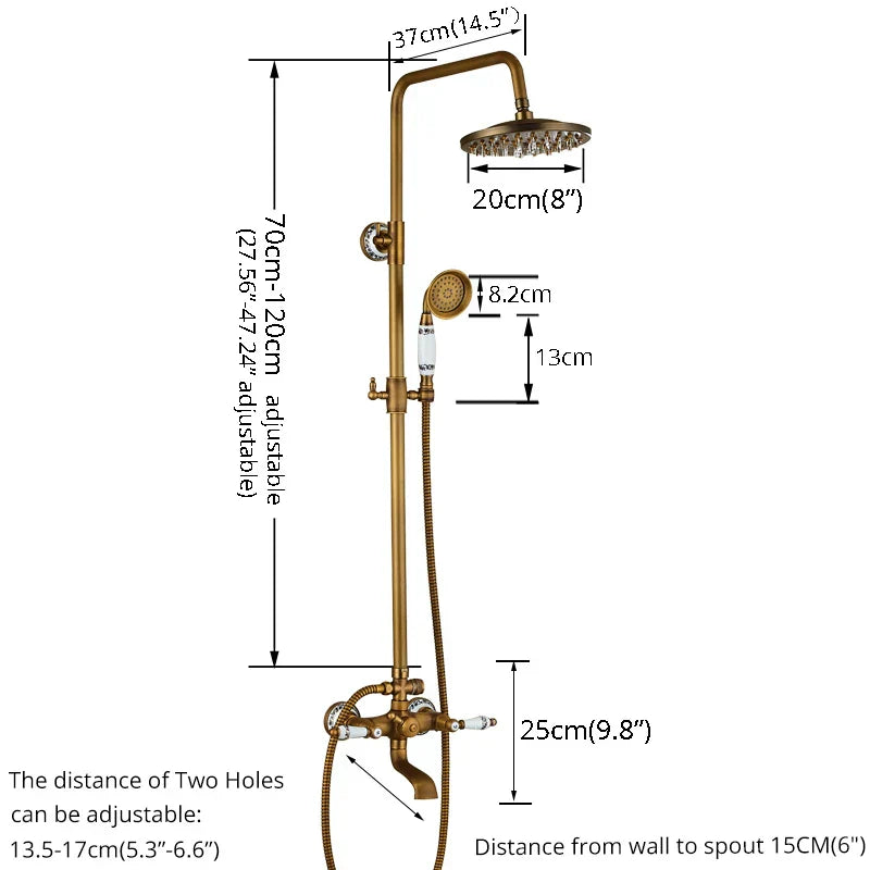 DecorBites™ Brass Antique Shower Faucet Set with Porcelain Ceramic Swivel Bath Spout