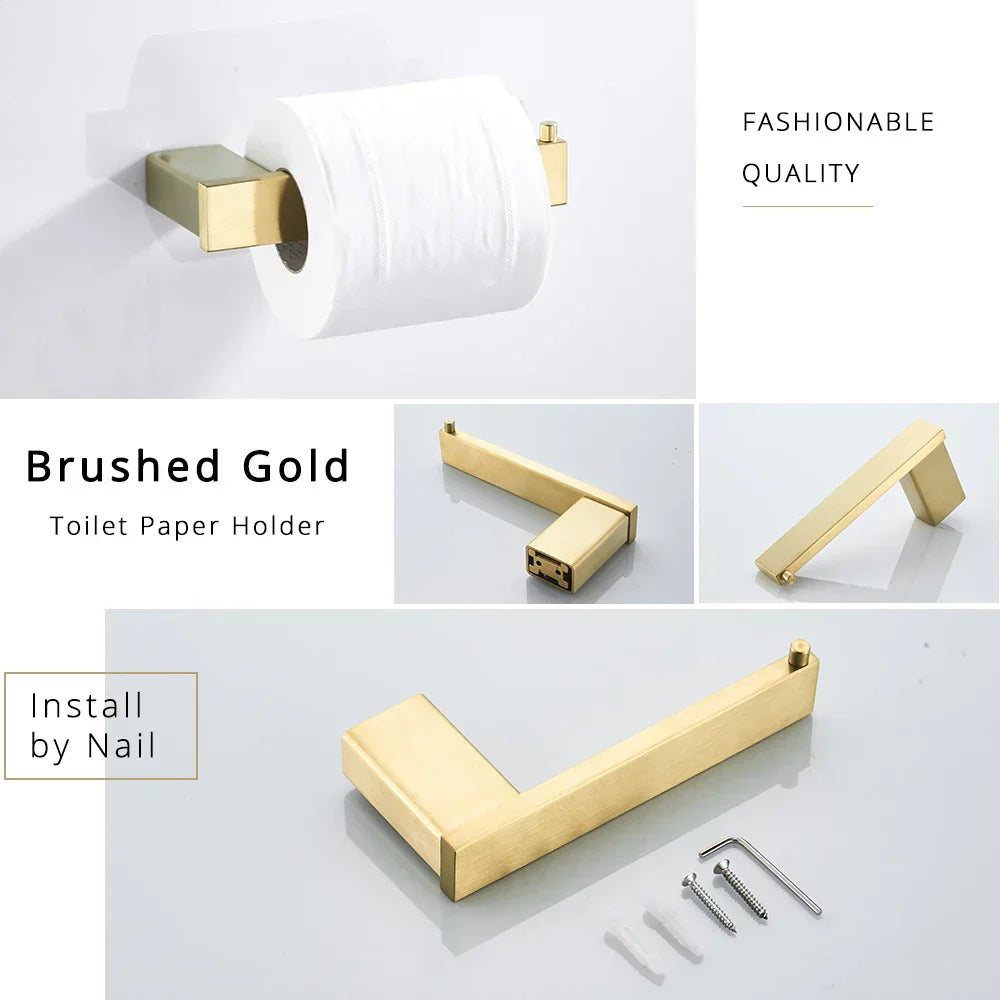 DecorBites™ Brushed Gold Stainless Steel Bathroom Accessory Set: TP Holder, Towel Bar, Storage Shelf