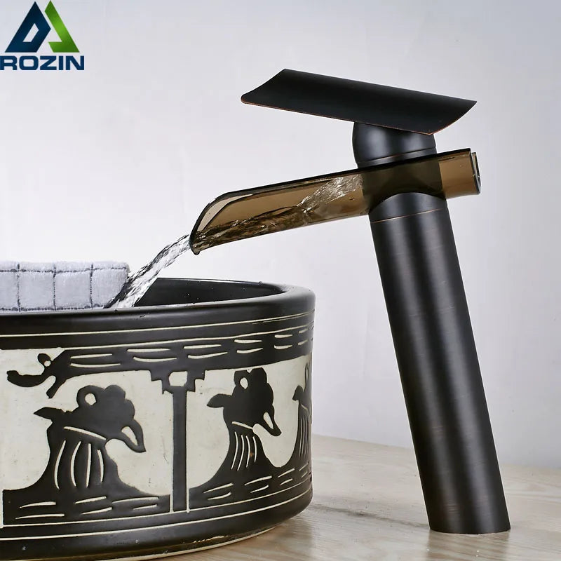 DecorBites™ Black Bronze Glass Spout Waterfall Basin Mixer Tap - Deck Mounted Countertop Faucet