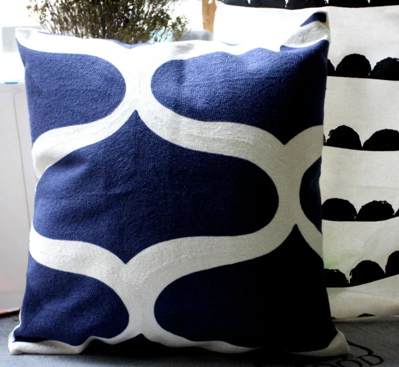DecorBites™ Blue Zigzag Geometric Embroidered Cushion Cover 45x45cm