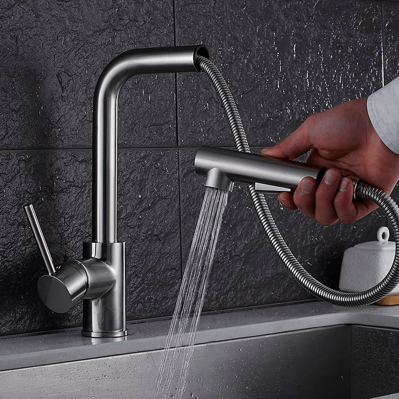 DecorBites™ Brass Brushed Nickel Kitchen Faucet High Arch Swivel Pull Out Spray Mixer Tap