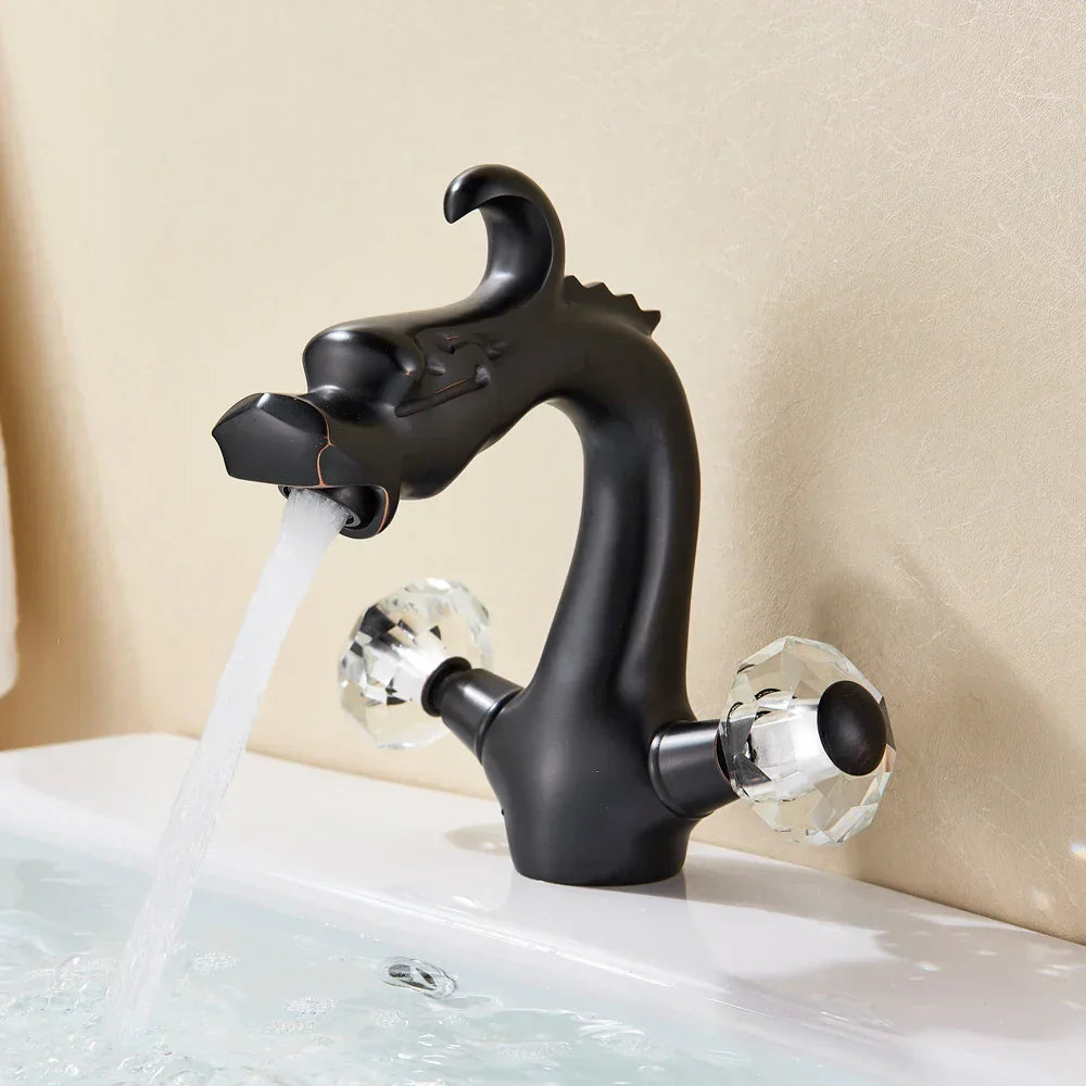 DecorBites™ Chinese Dragon Crystal Handle Basin Faucet Dual Hot Cold Deck Mounted Sink
