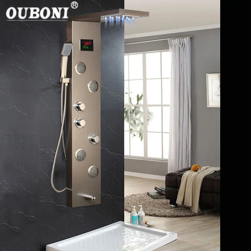 DecorBites™ Brushed Nickel Shower Panel with LED Display, Rainfall Head, Jets
