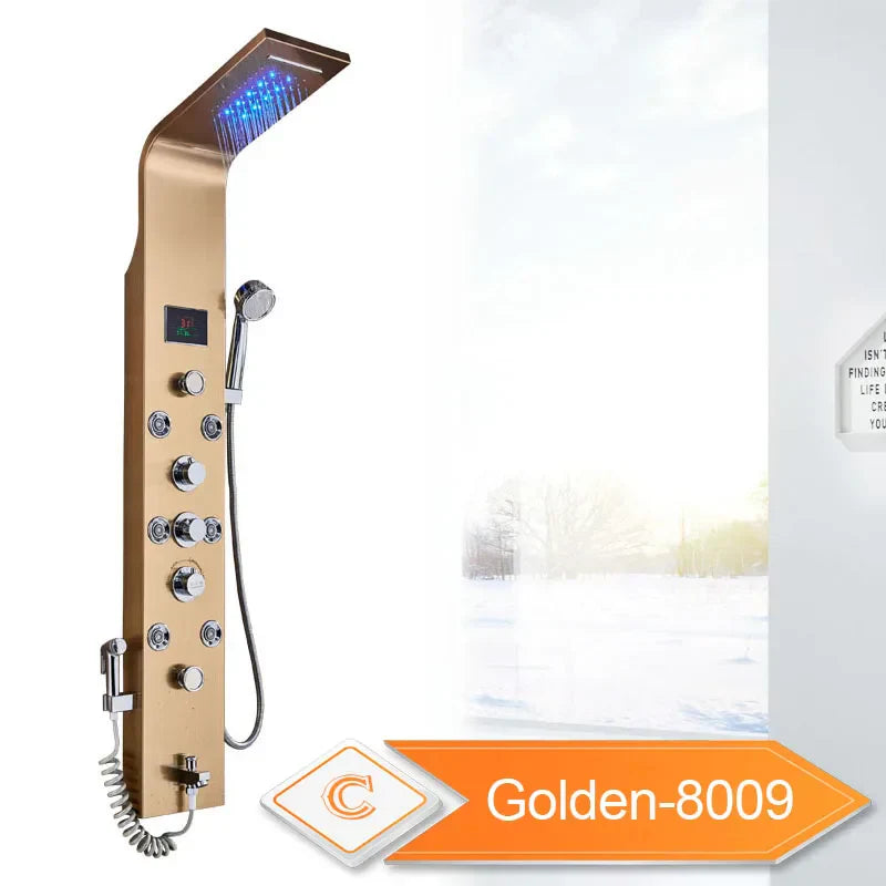 DecorBites™ Black LED Waterfall Rain Shower Panel with Massage Sprayer and Bidet Tap