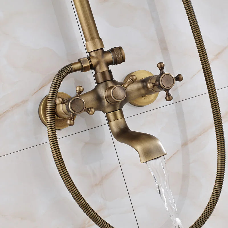 DecorBites™ Antique Brass Wall Mount Bathtub Shower Faucet Dual Handle Shelf Spout