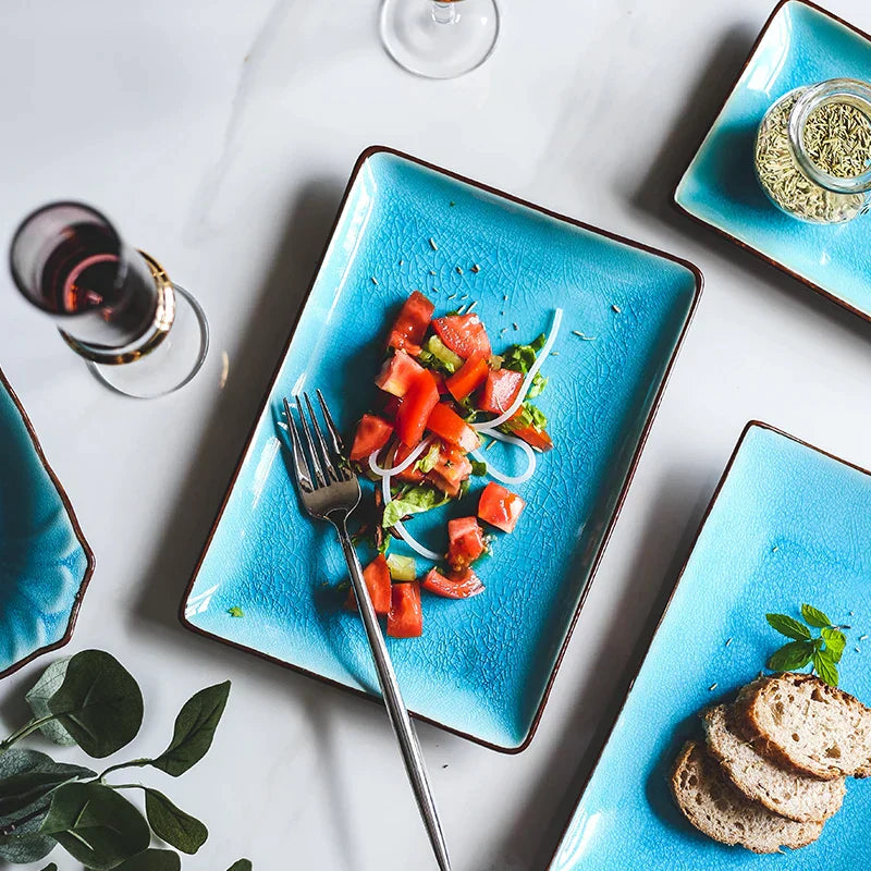 DecorBites™ Blue Ice Crack Glaze Ceramic Plate - Round Solid Pattern