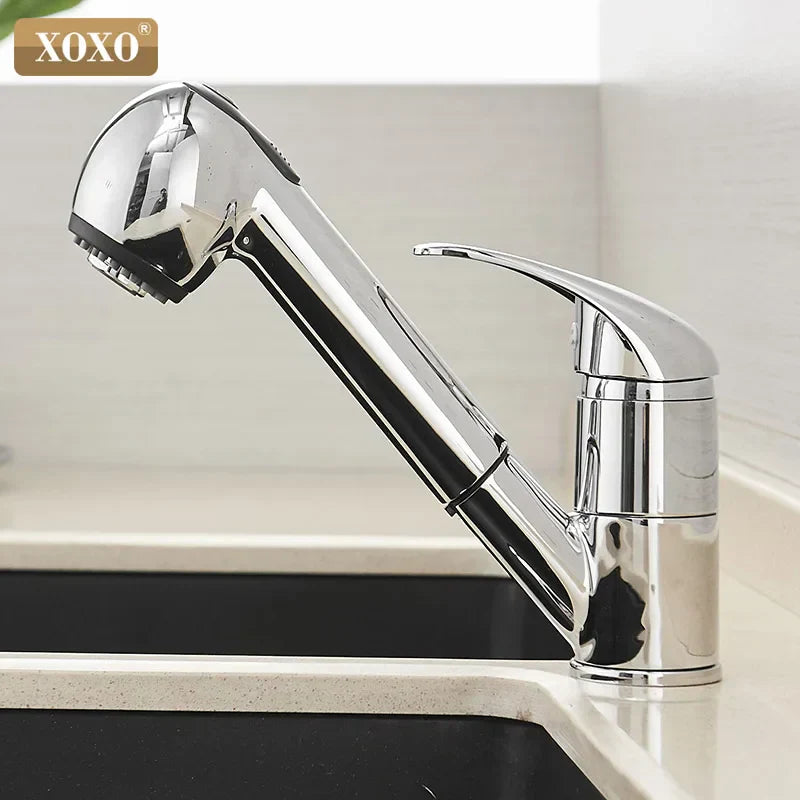 DecorBites™ Black Polished Kitchen Faucet Pull Out Spray Mixer Tap Hot Cold Water 360°