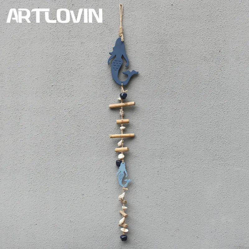 DecorBites™ Blue Fish Sea-maid Pendant Drift Wood Bells Wall Decoration