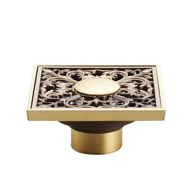 DecorBites™ Antique Brass Square Fish Carved Bathroom Floor Drain Hair Strainer