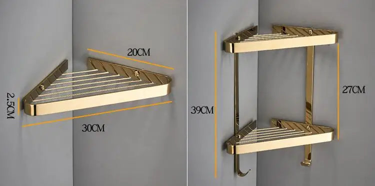 DecorBites™ Brass Bathroom Shower Rack: Brushed Gold Corner Shelf for Bath and Shower Storage