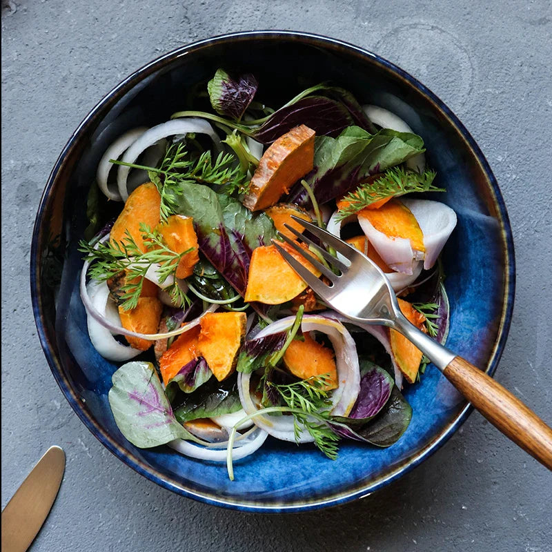 DecorBites™ Deep Blue Ceramic Porcelain Salad Bowl - 2L Capacity