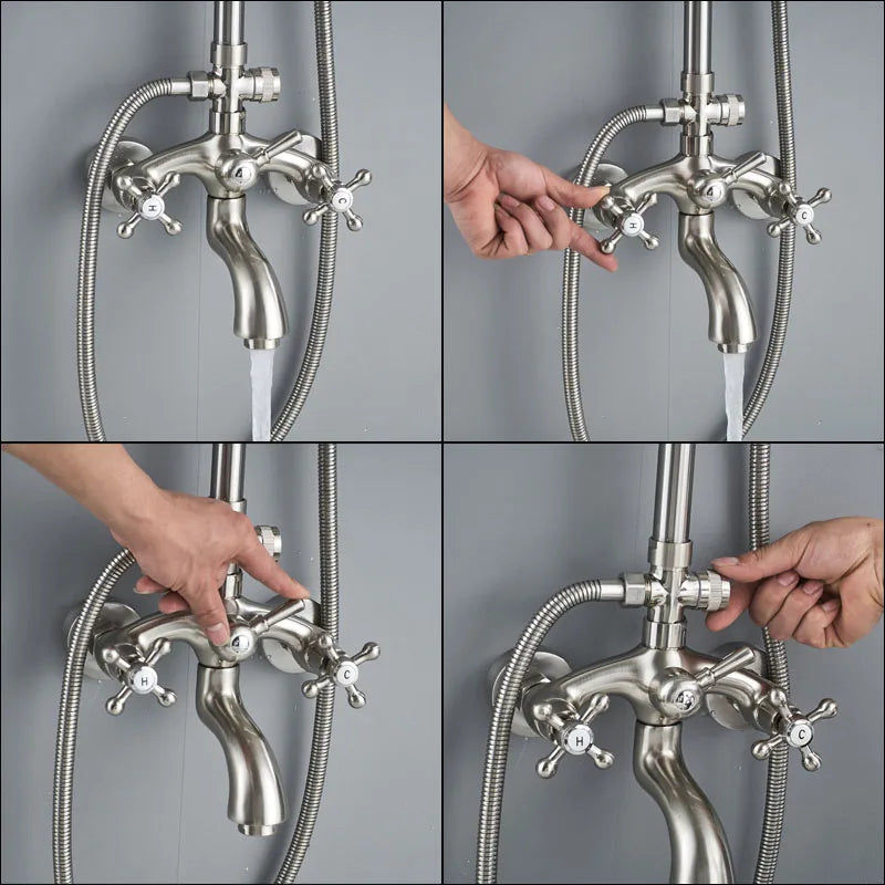 DecorBites™ Brushed Nickel Dual Handle Rainfall Shower Mixer Faucet with Handshower