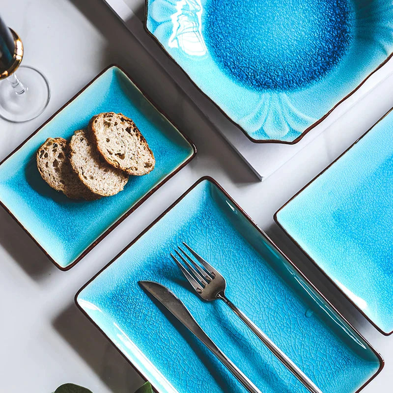 DecorBites™ Blue Ice Crack Glaze Ceramic Plate - Round Solid Pattern
