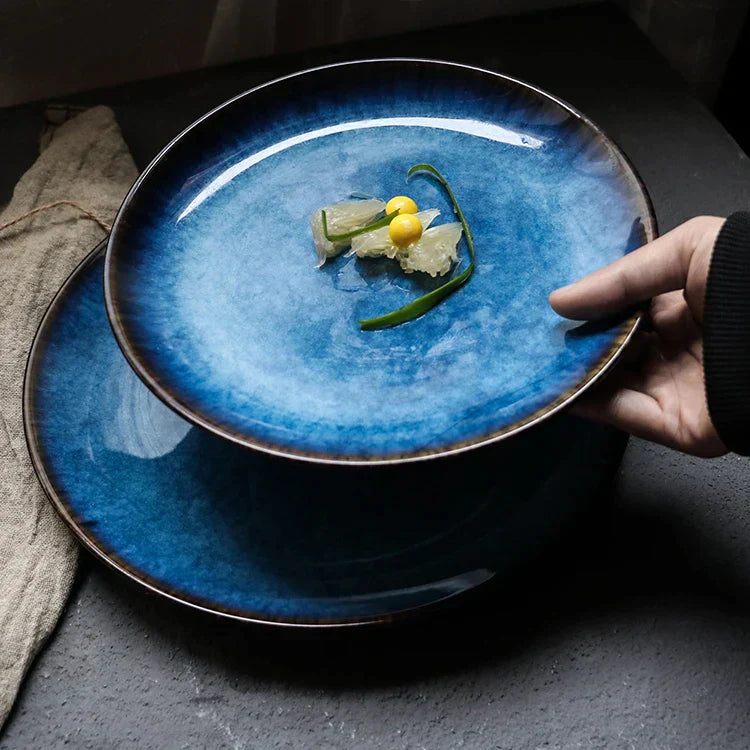 DecorBites™ Ceramic Dinner Plate Set - Blue Klin Glazed Round Plates