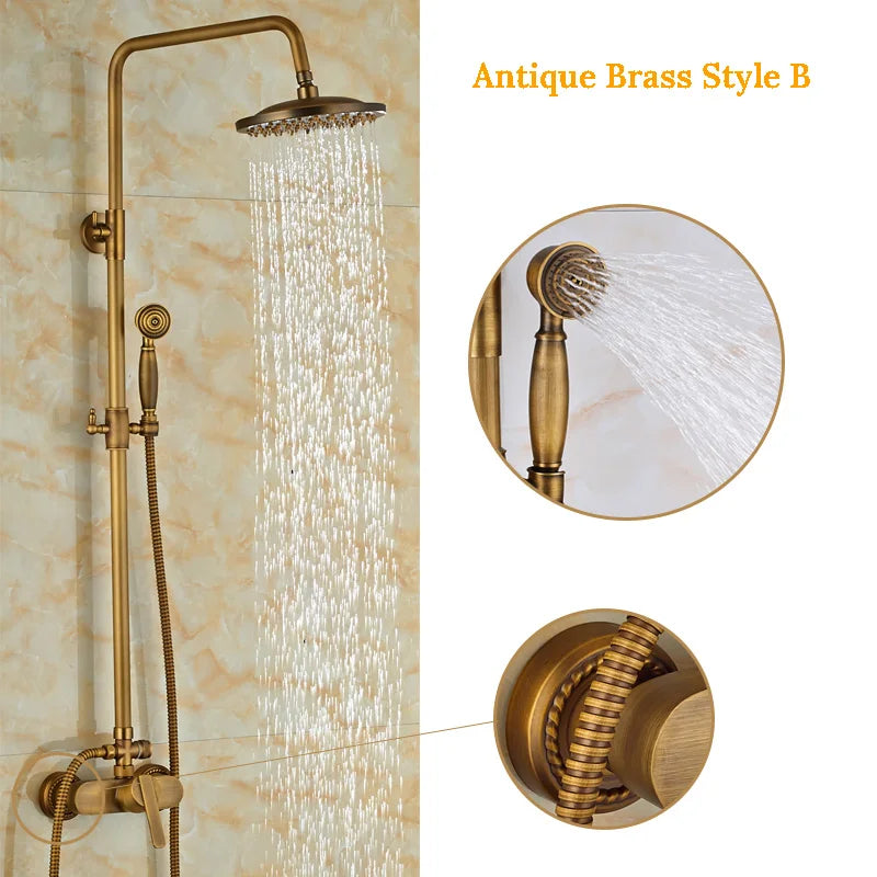 DecorBites™ Antique Brass Shower Set with 8" Rainfall Head and Hand Sprayer