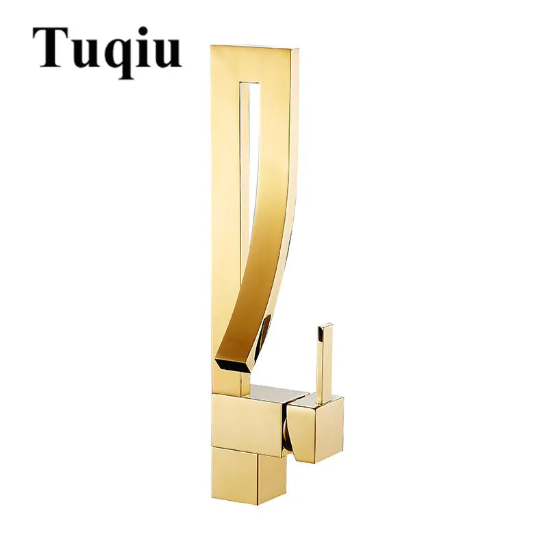 DecorBites™ Gold Brass Square Basin Faucet Single Handle Hot Cold Mixer Water Tap