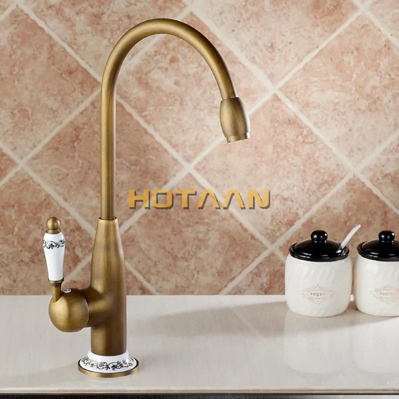 DecorBites™ Antique Brass Kitchen Faucet - Swivel Basin Tap, 360° Rotation, Hot & Cold Water Mixers
