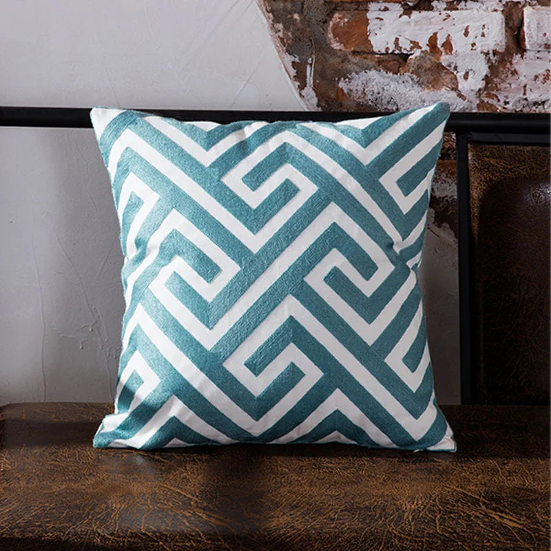 DecorBites™ Blue Geometric Embroidered Canvas Cotton Cushion Cover 45x45cm