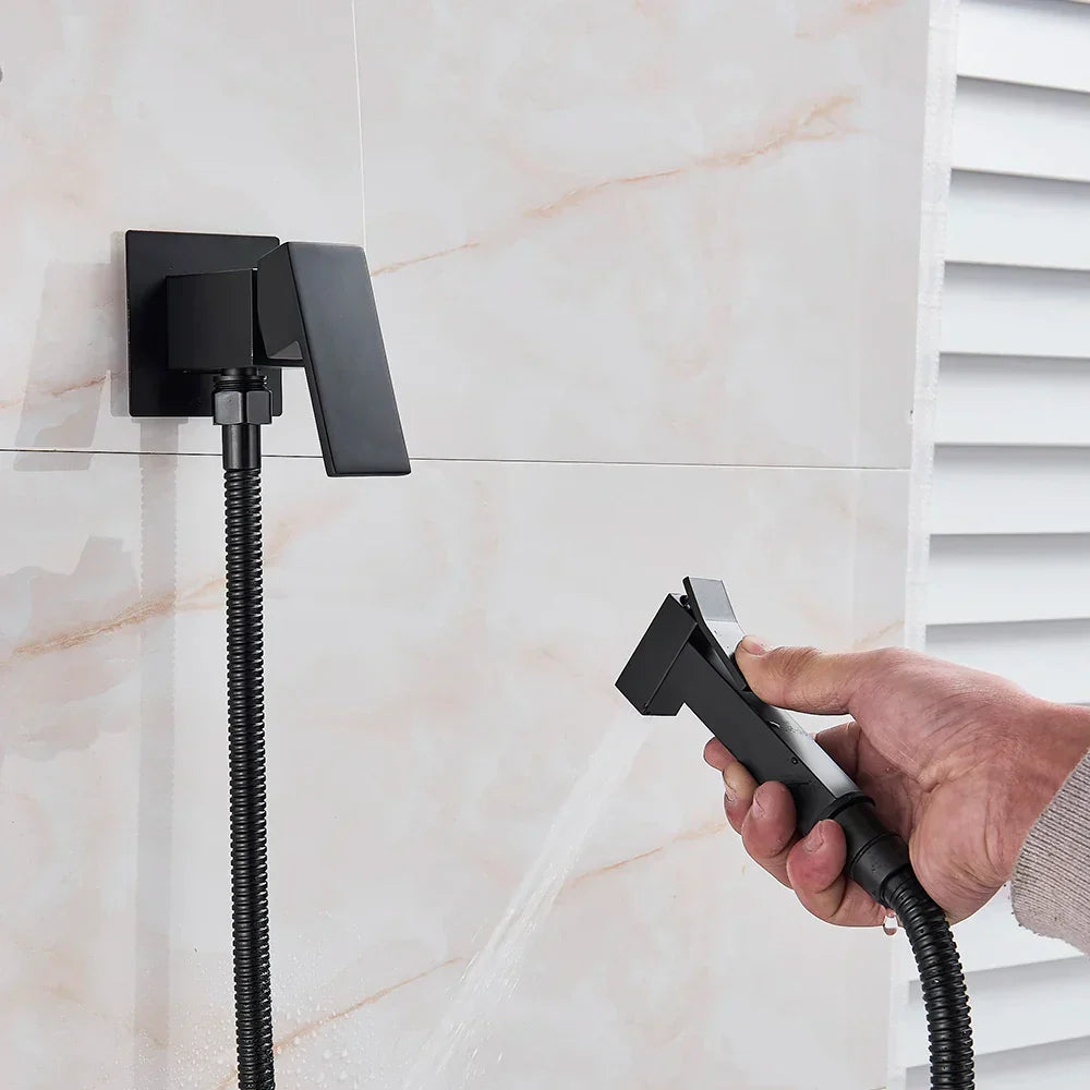 DecorBites™ Brass Bidet Faucet: Cold Hot Water Mixer, Square Shower Sprayer Head, Toilet Tap
