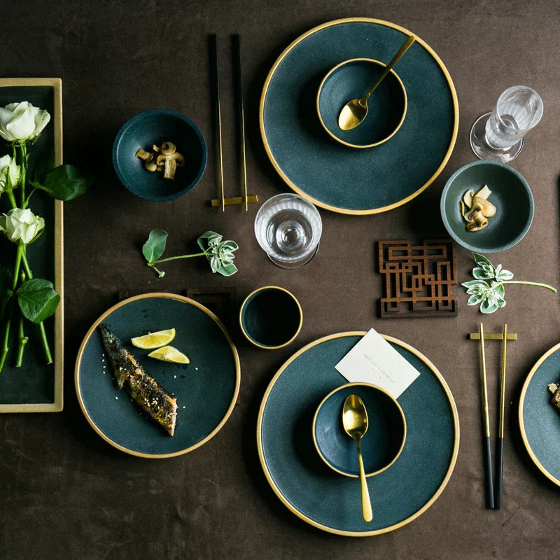 DecorBites™ Ceramic Dinner Plate - Gold Edged Steak Dish - High Quality Japan Style Partyware