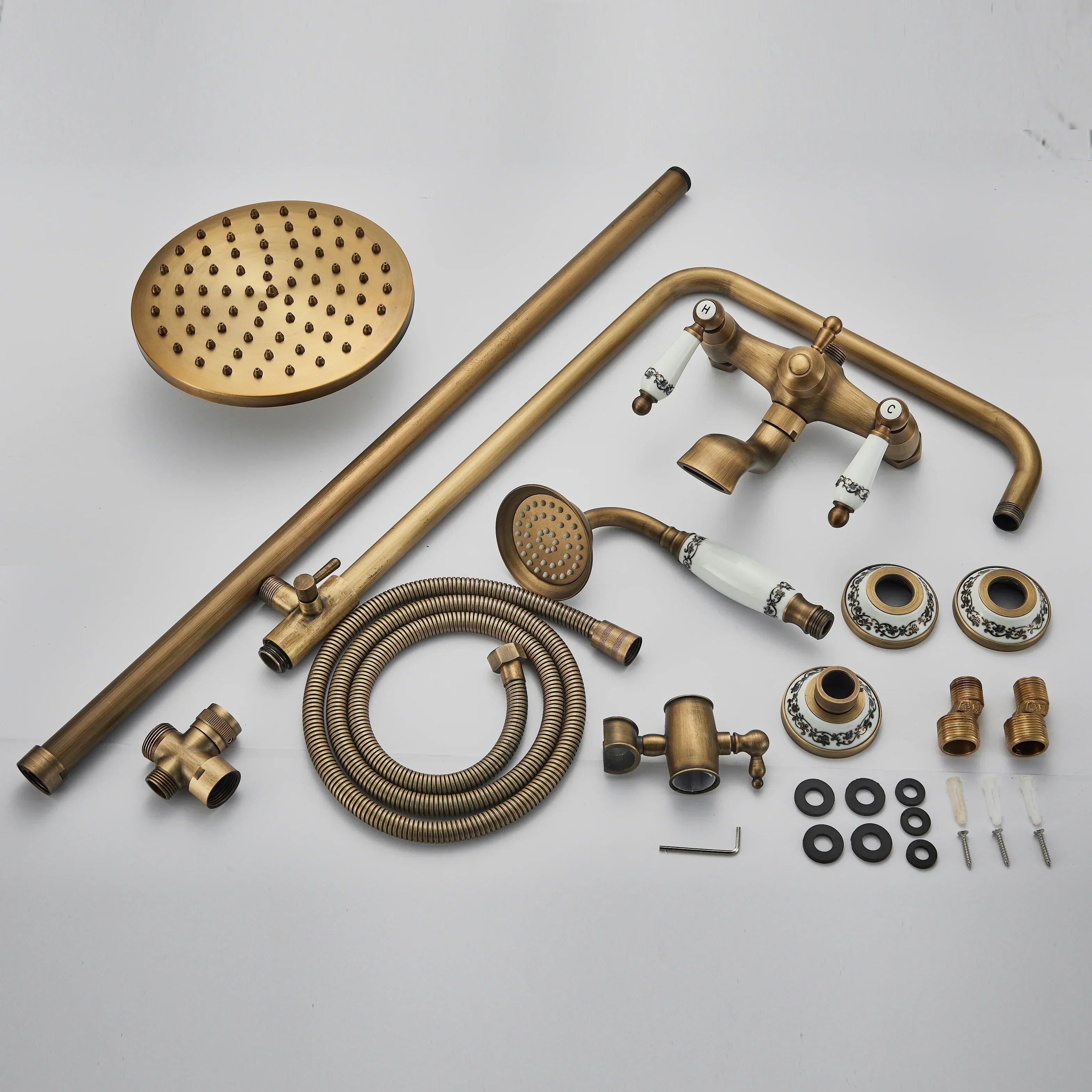 DecorBites™ Brass Antique Shower Faucet Set with Porcelain Ceramic Swivel Bath Spout