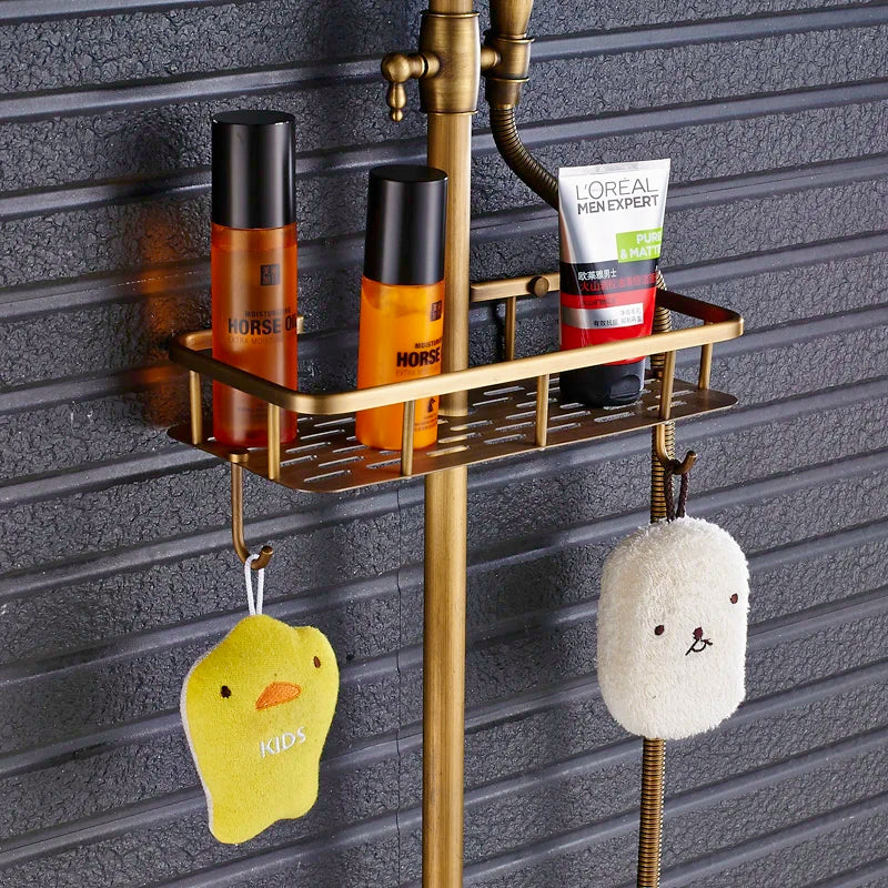 DecorBites™ Brass Shower Faucet Mixer Set with 8" Rainfall Head, Storage Shelf, and Hooks