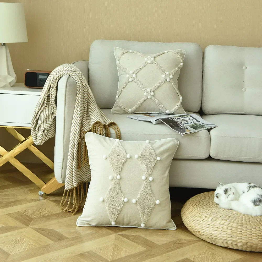 DecorBites™ Boho Style Ivory Plush Pom Pom Cushion Cover, Moroccan Inspired 45x45cm