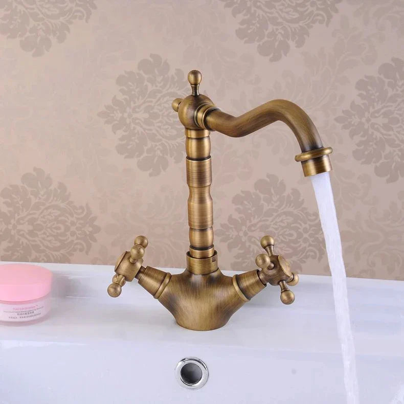 DecorBites™ Antique Brass Double Cross Handle Basin Faucet - 360 Degree Swivel Spout