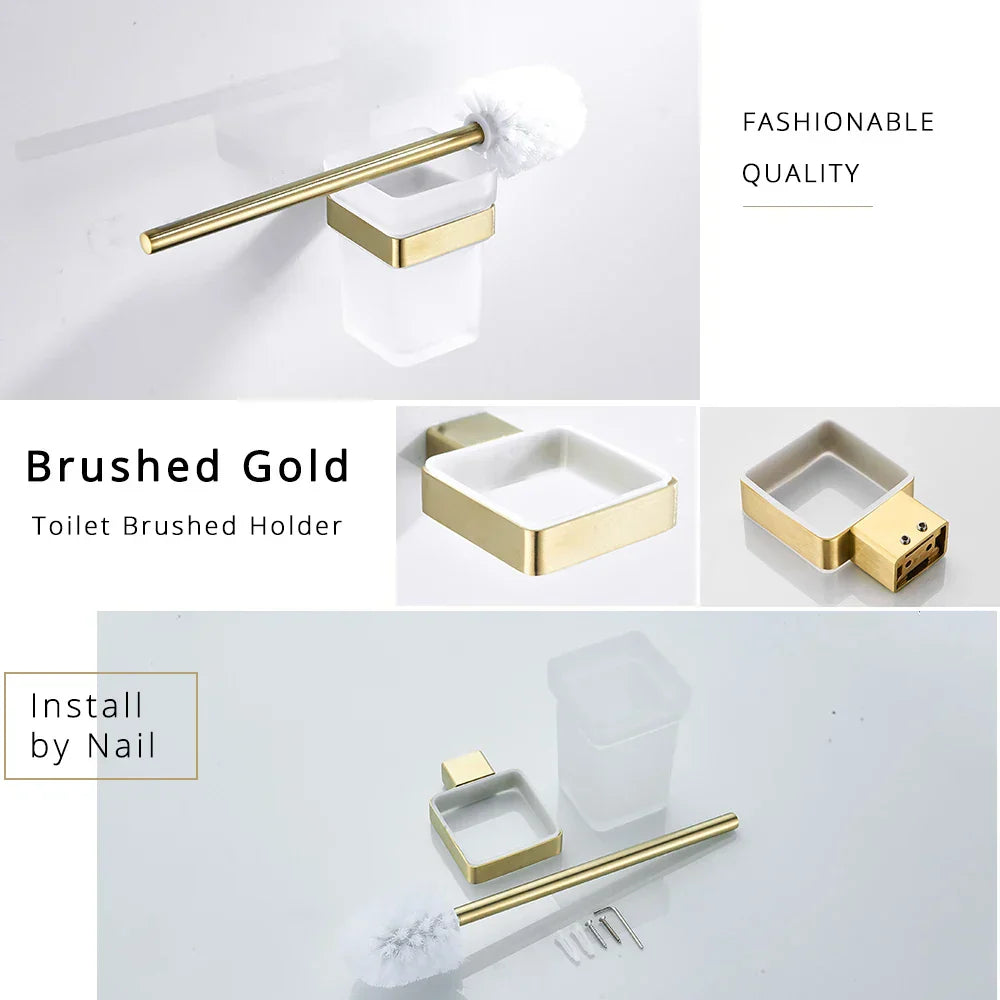 DecorBites™ Brushed Gold Stainless Steel Bathroom Accessory Set: TP Holder, Towel Bar, Storage Shelf