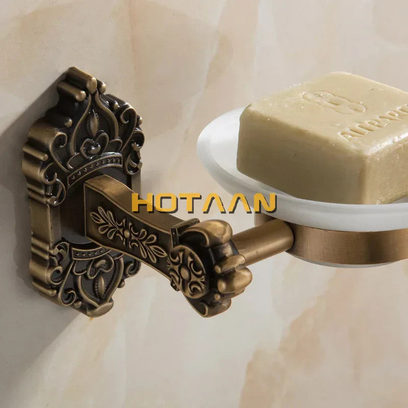 DecorBites™ Antique Brass Bathroom Soap Dish Glass Holder - Wall Mounted Aluminum Bath Accessory
