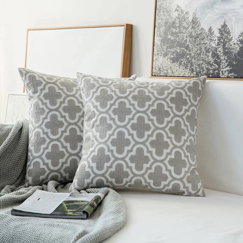 DecorBites™ Grey Geometric Embroidered Cushion Cover 45x45cm