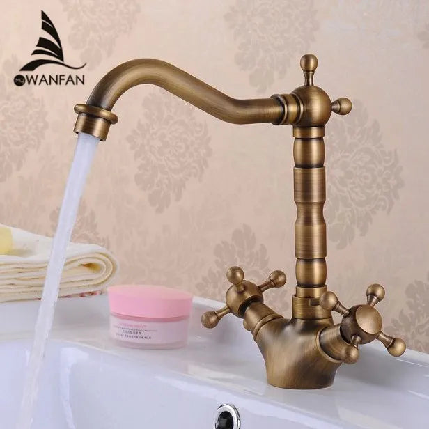 DecorBites™ Antique Brass Double Cross Handle Basin Faucet - 360 Degree Swivel Spout